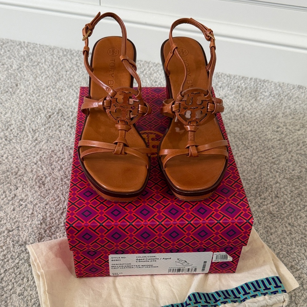 Tory Burch Miller Knotted Wedge  Leather Sandals